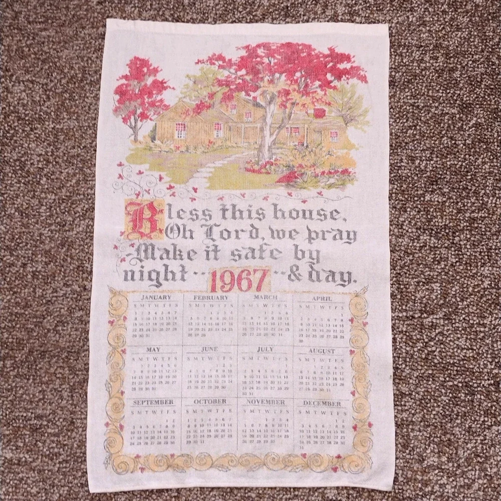 1967 Vintage Linen Calendar Kitchen Tea Towel 'Bless This House' 24